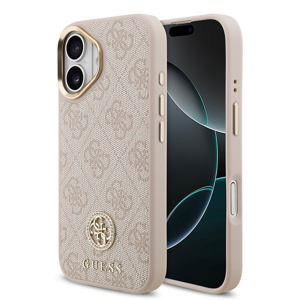 Apple iPhone 17 Kılıf Guess Orjinal Lisanslı M-safe Şarj Özellikli Gold Metal Kamera Çerçeveli Taşlı 4G Logolu Kapak