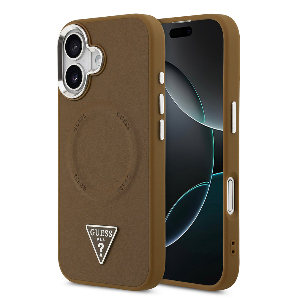 Apple iPhone 17 Kılıf Guess Orjinal Lisanslı M-safe Şarj Özellikli PU Deri Metal Kamera Çerçeveli Üçgen Logolu Kapak