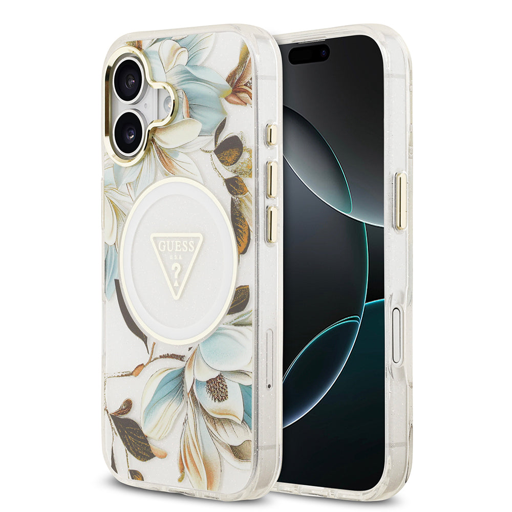 Apple iPhone 17 Kılıf Guess Orjinal Lisanslı M-safe Şarj Özellikli Simli Çiçek Desenli Metal Kamera Çerçeveli Üçgen Logolu Kapak