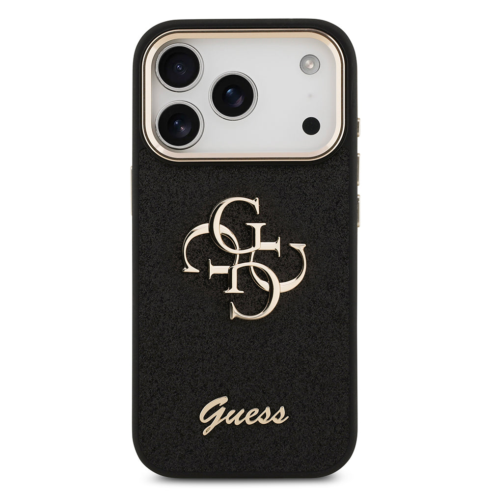 Apple iPhone 17 Pro Kılıf Guess Orjinal Lisanslı 4G Büyük Metal Kamera Çerçeveli ve Logolu Glitter Kapak Siyah