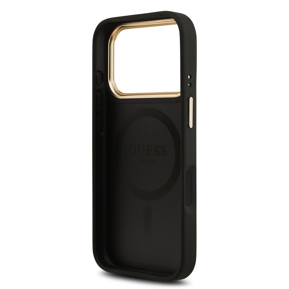 Apple iPhone 17 Pro Kılıf Guess Orjinal Lisanslı M-safe Şarj Özellikli Gold Metal Kamera Çerçeveli PU Deri 4G Desenli Yazı Logolu Kapak Kahverengi