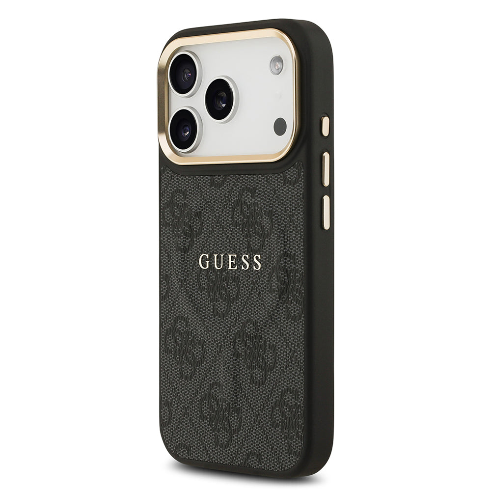 Apple iPhone 17 Pro Kılıf Guess Orjinal Lisanslı M-safe Şarj Özellikli Gold Metal Kamera Çerçeveli PU Deri 4G Desenli Yazı Logolu Kapak Kahverengi