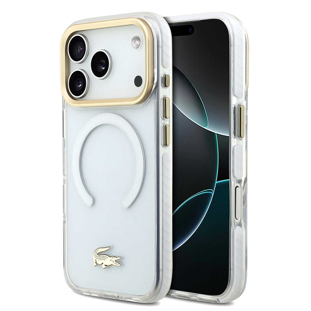 Apple iPhone 17 Pro Kılıf Lacoste Orjinal Lisanslı M-safe Şarj Özellikli Gold Timsah Logolu Buzlu Kapak