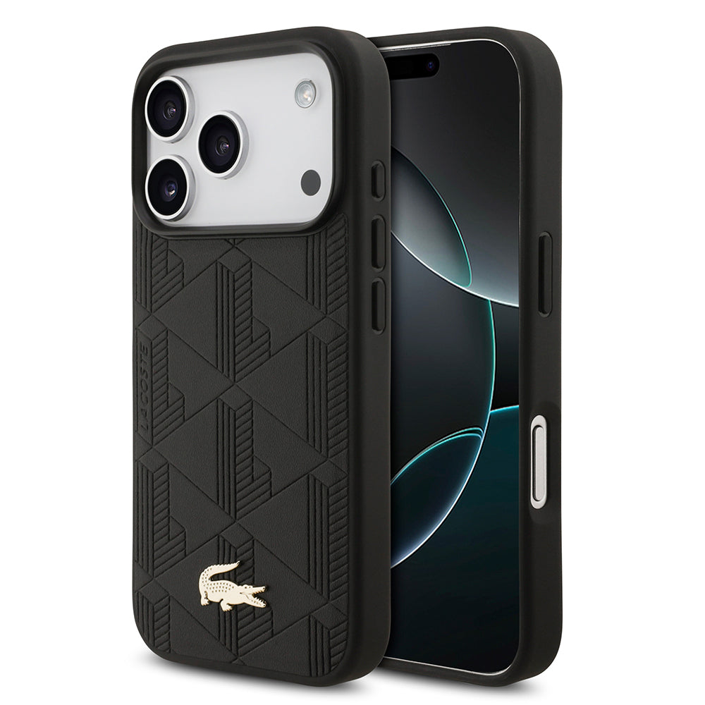 Apple iPhone 17 Pro Kılıf Lacoste Orjinal Lisanslı M-safe Şarj Özellikli PU Deri Tasarımlı Karışık Monogram Desenli Kapak