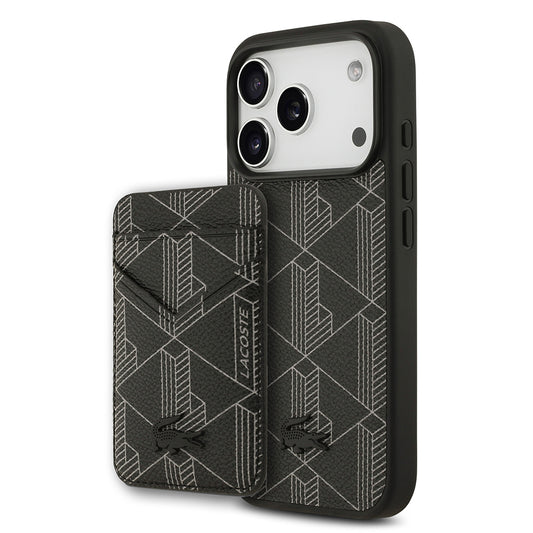 Apple iPhone 17 Pro Kılıf Lacoste Orjinal Lisanslı M-safe Şarj Özellikli PU Deri Tasarımlı Kartlıklı Karışık Monogram Desenli Kapak