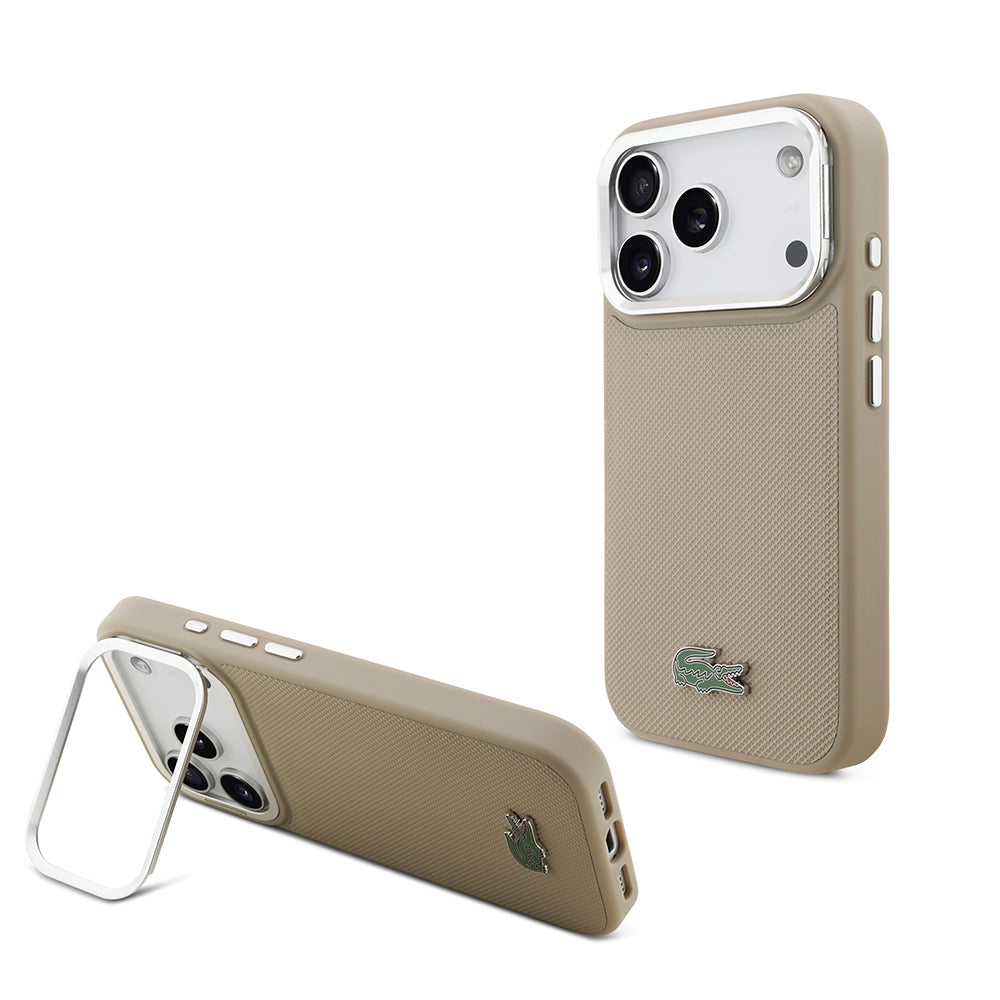 Apple iPhone 17 Pro Kılıf Lacoste Orjinal Lisanslı M-safe Şarj Özellikli PU Pike Desenli Standlı Metal Logolu Kapak