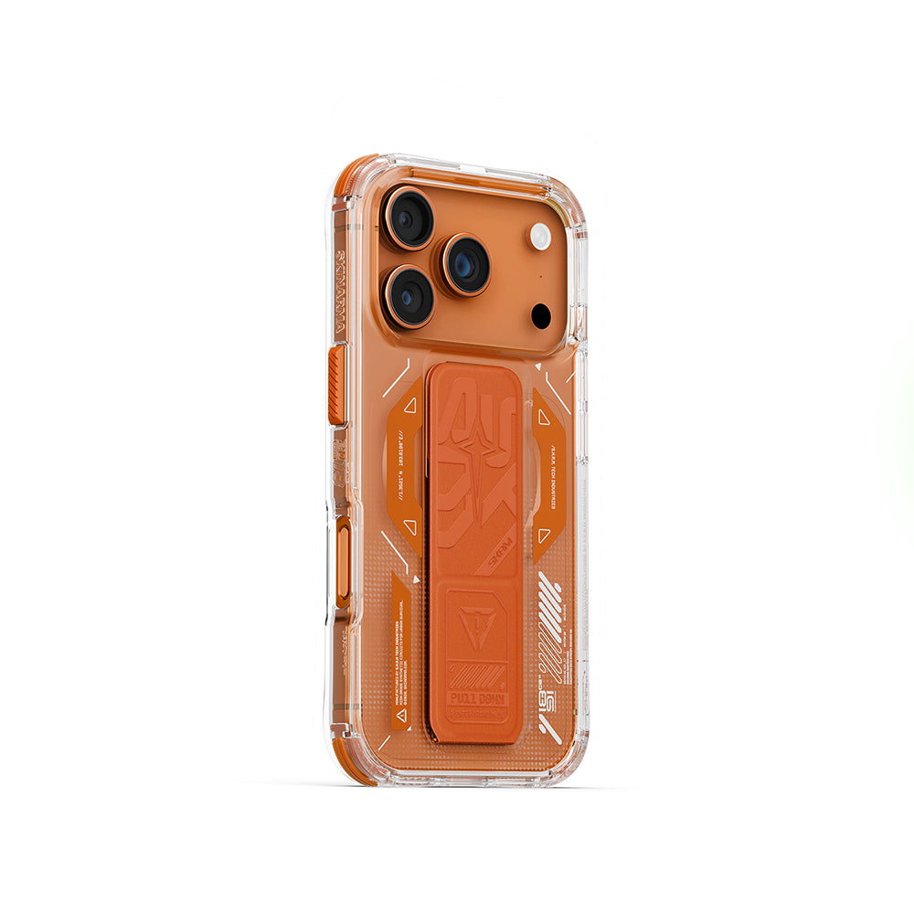 Apple iPhone 17 Pro Kılıf M-safe Şarj Özellikli Teknoloji Desenli Skinarma Helio Mag Charge Standlı Kapak Füme