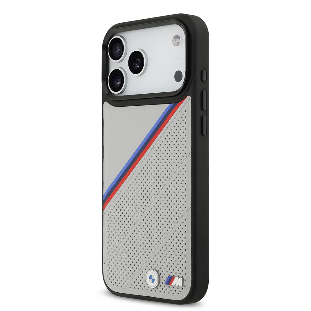 Apple iPhone 17 Pro Max Kılıf BMW Orjinal Lisanslı M-safe Şarj Özellikli M Logolu Üç Şeritli Delikli Deri Kapak Siyah