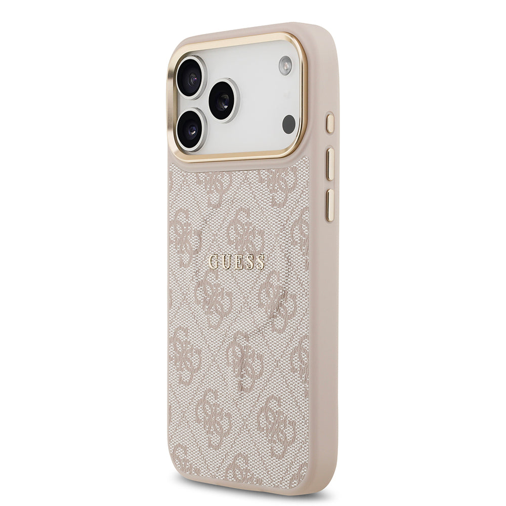 Apple iPhone 17 Pro Max Kılıf Guess Orjinal Lisanslı M-safe Şarj Özellikli Gold Metal Kamera Çerçeveli PU Deri 4G Desenli Yazı Logolu Kapak Kahverengi