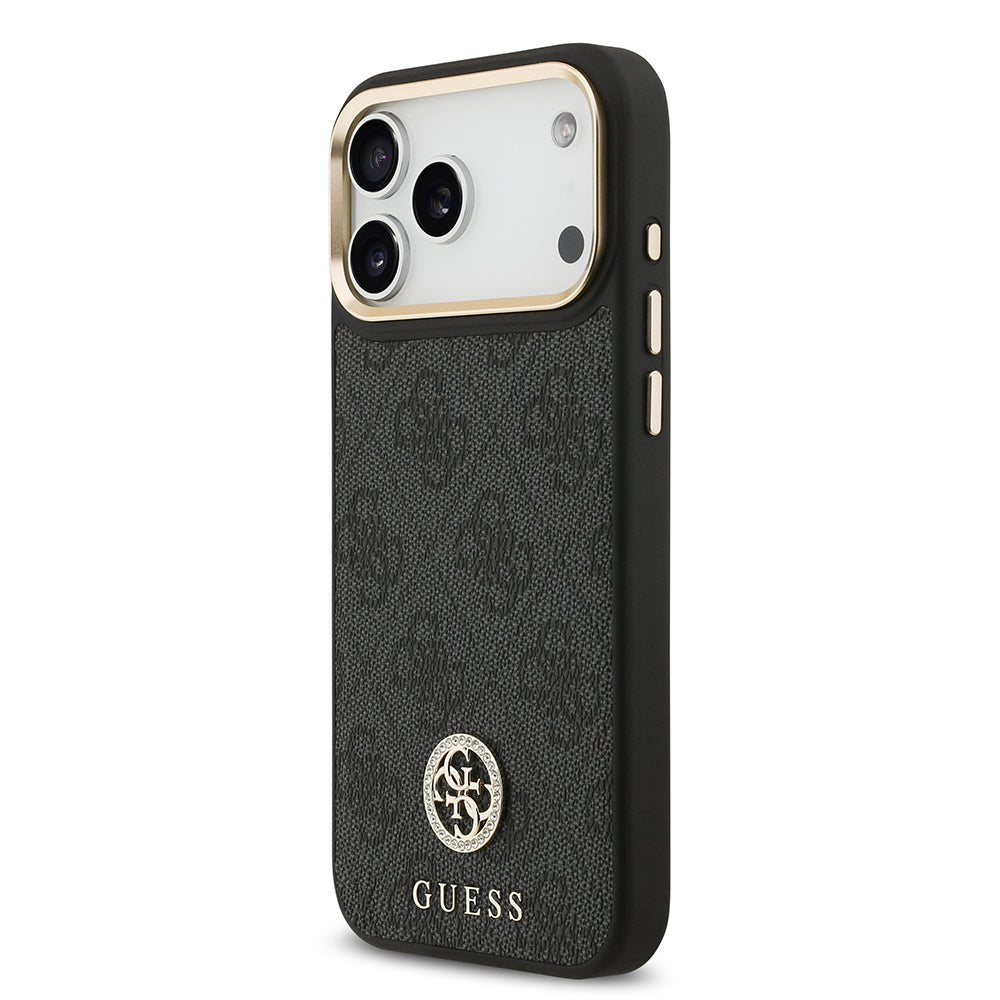 Apple iPhone 17 Pro Max Kılıf Guess Orjinal Lisanslı M-safe Şarj Özellikli Gold Metal Kamera Çerçeveli Taşlı 4G Logolu Kapak Kahverengi