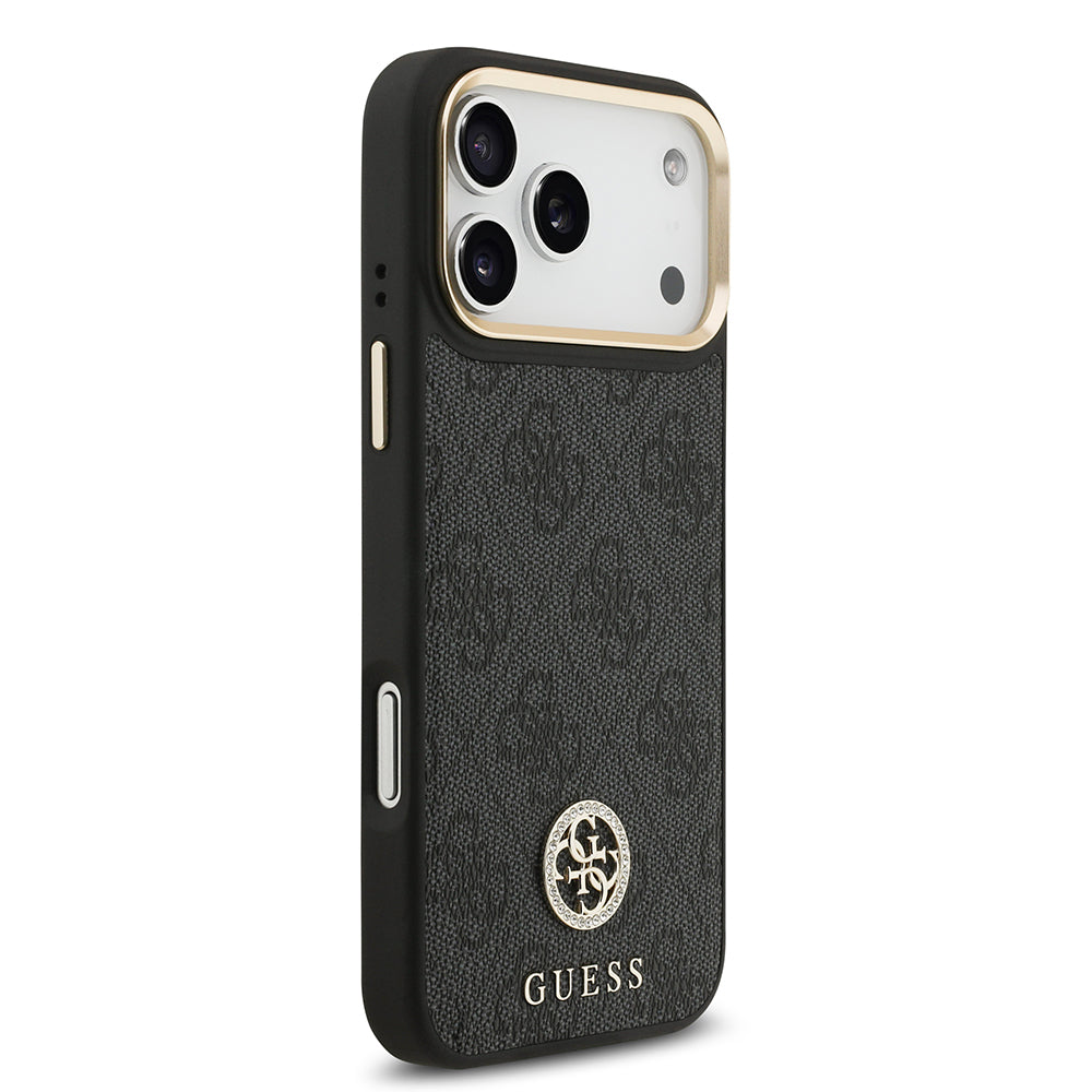 Apple iPhone 17 Pro Max Kılıf Guess Orjinal Lisanslı M-safe Şarj Özellikli Gold Metal Kamera Çerçeveli Taşlı 4G Logolu Kapak Kahverengi