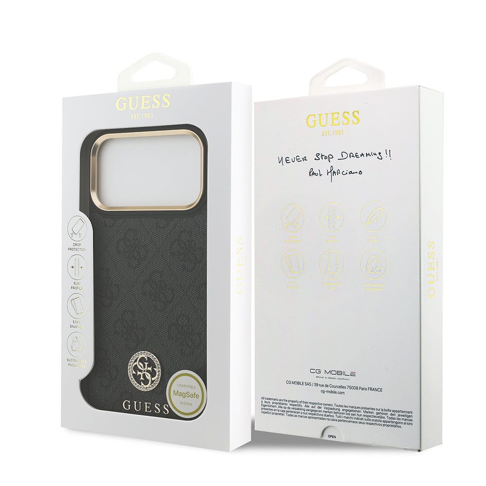 Apple iPhone 17 Pro Max Kılıf Guess Orjinal Lisanslı M-safe Şarj Özellikli Gold Metal Kamera Çerçeveli Taşlı 4G Logolu Kapak Kahverengi