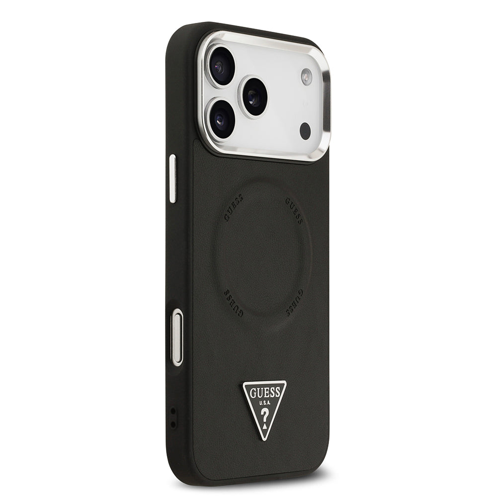 Apple iPhone 17 Pro Max Kılıf Guess Orjinal Lisanslı M-safe Şarj Özellikli PU Deri Metal Kamera Çerçeveli Üçgen Logolu Kapak Siyah