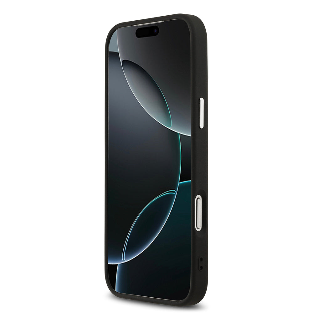 Apple iPhone 17 Pro Max Kılıf Guess Orjinal Lisanslı M-safe Şarj Özellikli PU Deri Metal Kamera Çerçeveli Üçgen Logolu Kapak Siyah