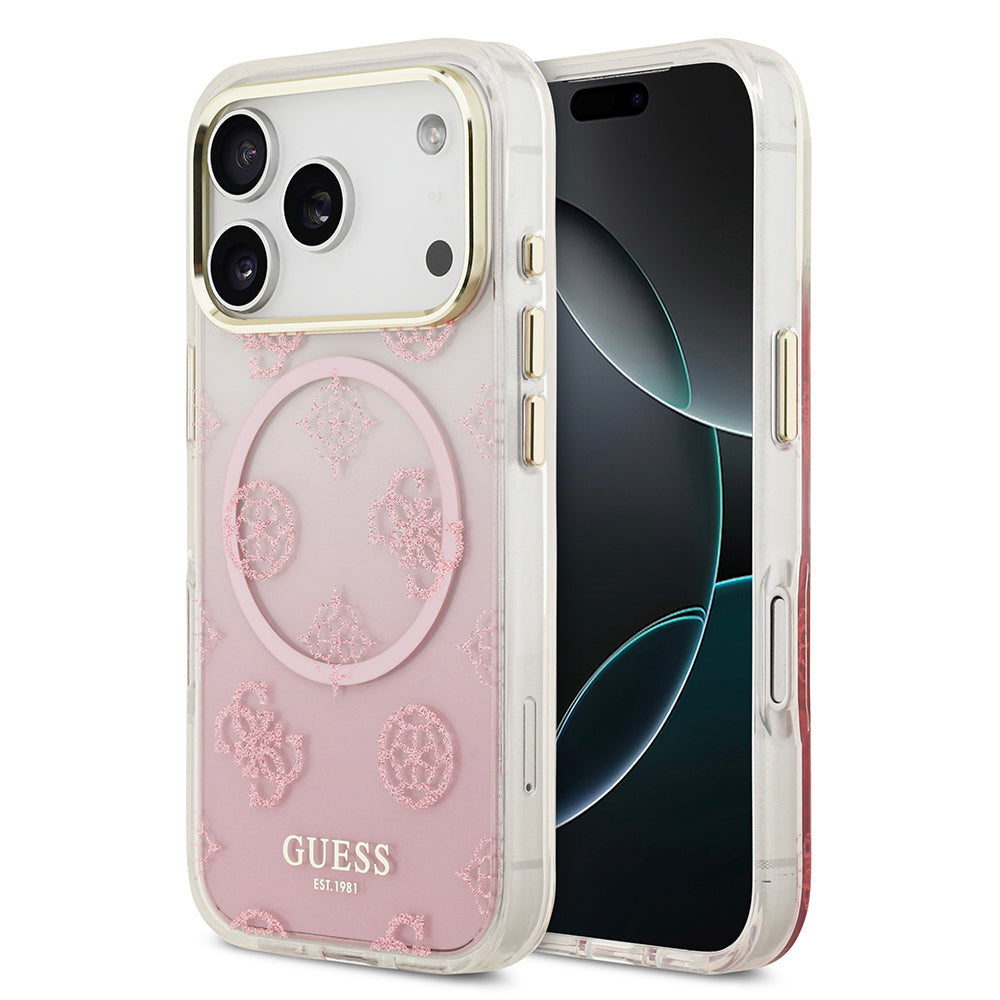 Apple iPhone 17 Pro Max Kılıf Guess Orjinal Lisanslı M-safe Şarj Özellikli Simli Peony Desenli Silikon Kapak