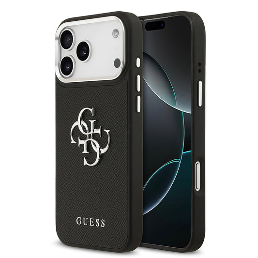 Apple iPhone 17 Pro Max Kılıf Guess Orjinal Lisanslı Metal Kamera Çerçeveli Metal Büyük 4G ve Yazı Logolu PU Deri Kapak