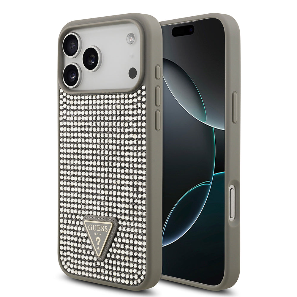 Apple iPhone 17 Pro Max Kılıf Guess Orjinal Lisanslı Taşlı Arka Yüzey Üçgen Logolu Kapak