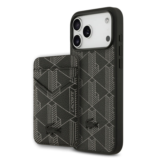 Apple iPhone 17 Pro Max Kılıf Lacoste Orjinal Lisanslı M-safe Şarj Özellikli PU Deri Tasarımlı Kartlıklı Karışık Monogram Desenli Kapak