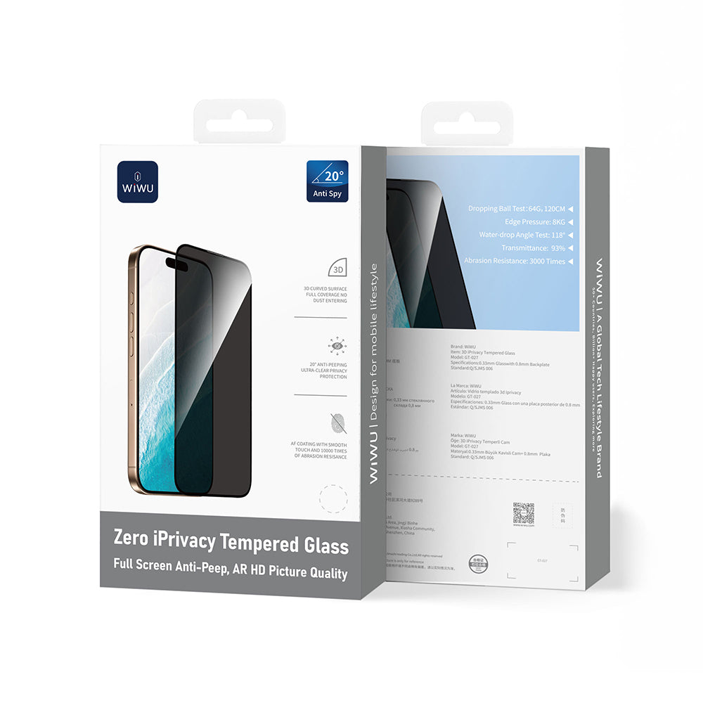 Apple iPhone 17 Pro Max Wiwu GT-027 Zero Curved Privacy Parmak İzi Bırakmayan Temperli Cam Ekran Koruyucu Siyah