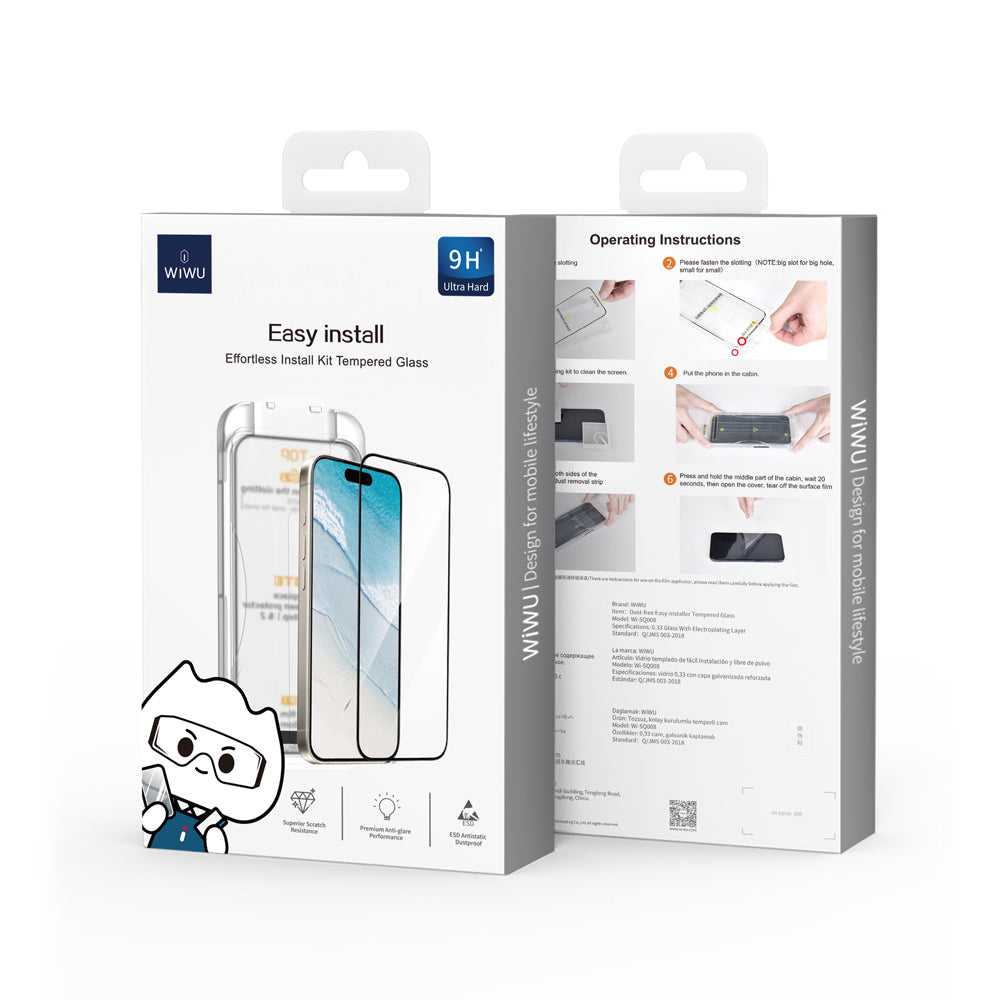 Apple iPhone 17 Pro Max Wiwu SQ-008 Oleofobik Easy Install Darbeye Karşı Dayanıklı Temperli Cam Ekran Koruyucu + Kolay Uygulama Aparatlı Şeffaf