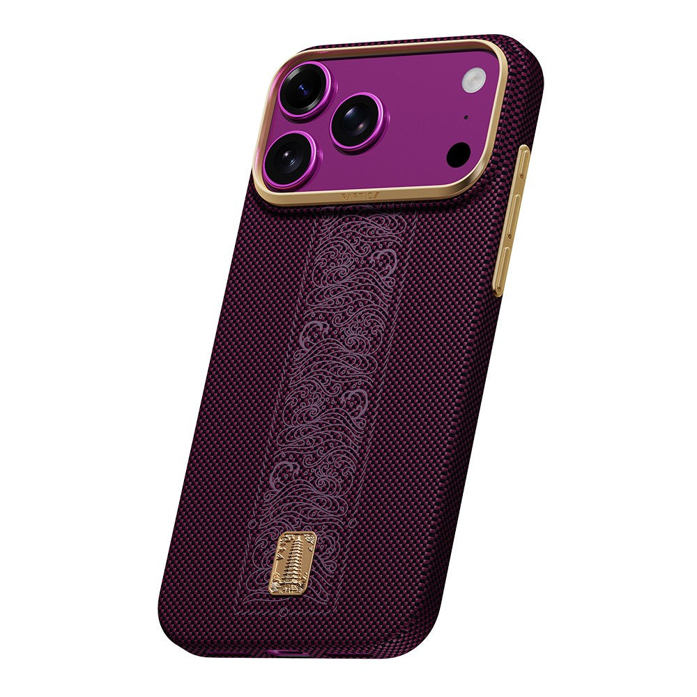 Apple iPhone 18 Pro Kılıf M-safe Şarj Özellikli Raptic Aramid Skin Rise Serisi 24 Ayar Altın Kaplamalı Karbon Kapak