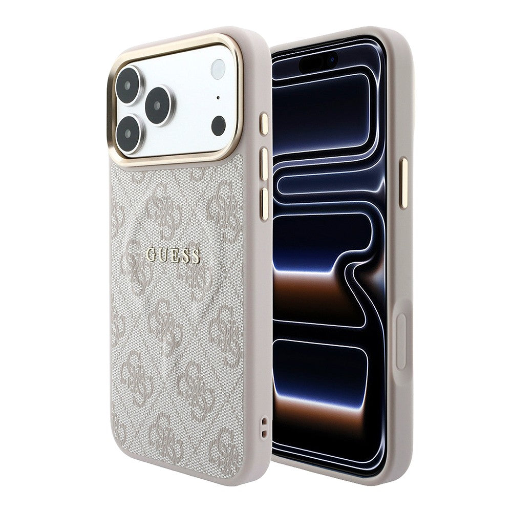 Apple iPhone 18 Pro Max Kılıf Guess Orjinal Lisanslı M-safe Şarj Özellikli Metal Kamera Çerçeveli C-Magnet 4G Desenli Yazı Logolu Kapak