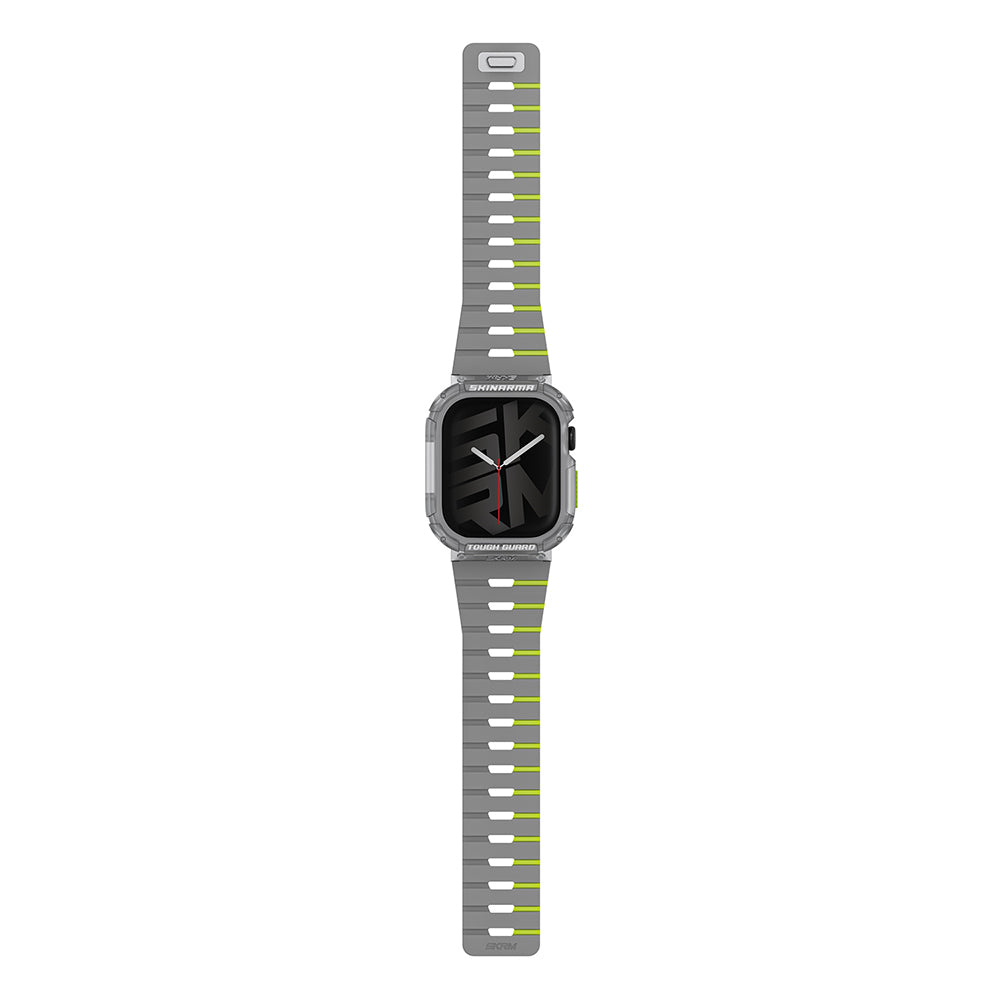 Apple Watch 10 46mm Skinarma Nightglow Atom TPU Kasa Koruyucu + Gemini Silikon Kordon Gri-Yeşil