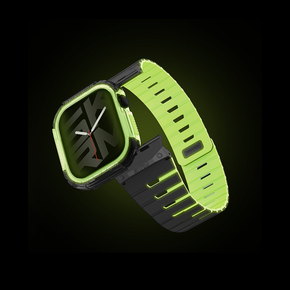 Apple Watch 10 46mm Skinarma Nightglow Atom TPU Kasa Koruyucu + Gemini Silikon Kordon Gri-Yeşil