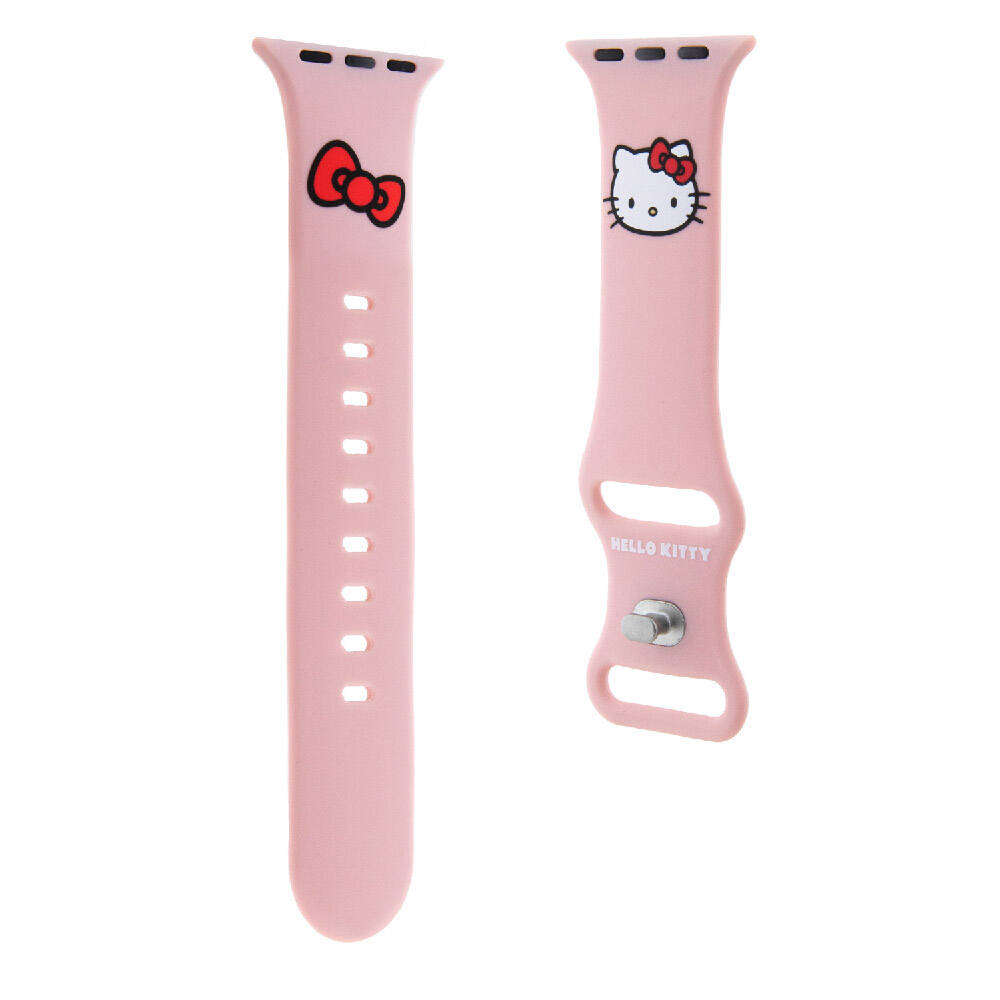 Apple Watch 40mm Hello Kitty Orjinal Lisanslı Yazı Logolu Fiyonk & Kitty Head Silikon Kordon Pembe