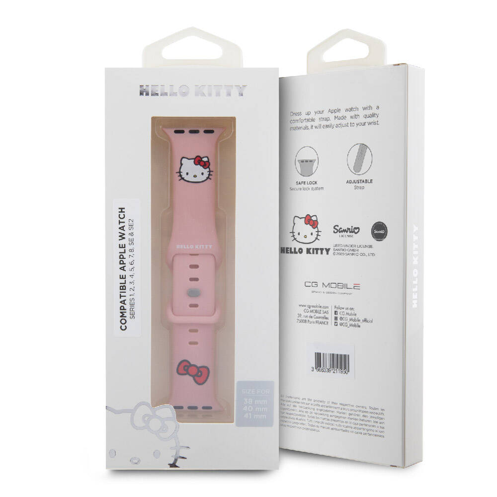 Apple Watch 40mm Hello Kitty Orjinal Lisanslı Yazı Logolu Fiyonk & Kitty Head Silikon Kordon Kırmızı