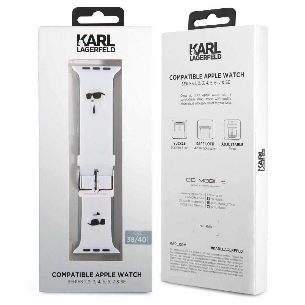 Apple Watch 40mm Karl Lagerfeld Orjinal Lisanslı İkonik Karl & Choupette Logolu Silikon Kordon Beyaz