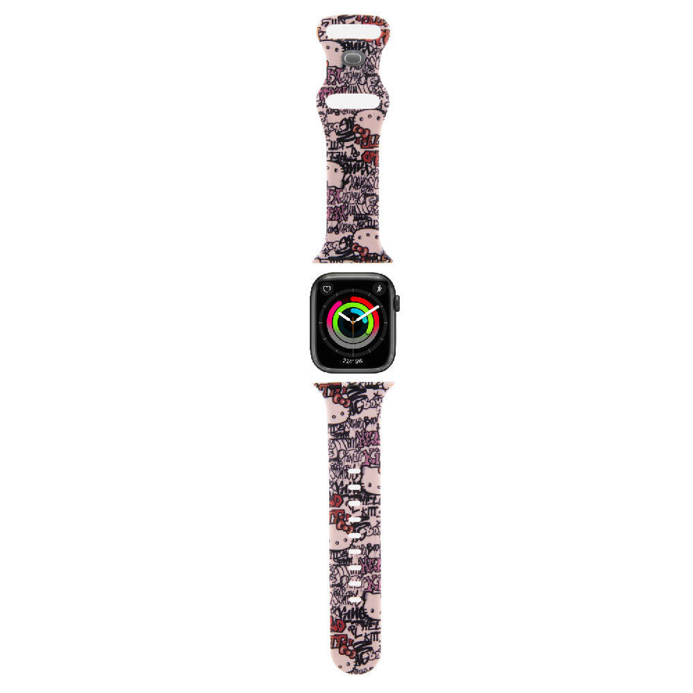 Apple Watch 41mm Hello Kitty Orjinal Lisanslı Etiket Graffiti Silikon Kordon Pembe