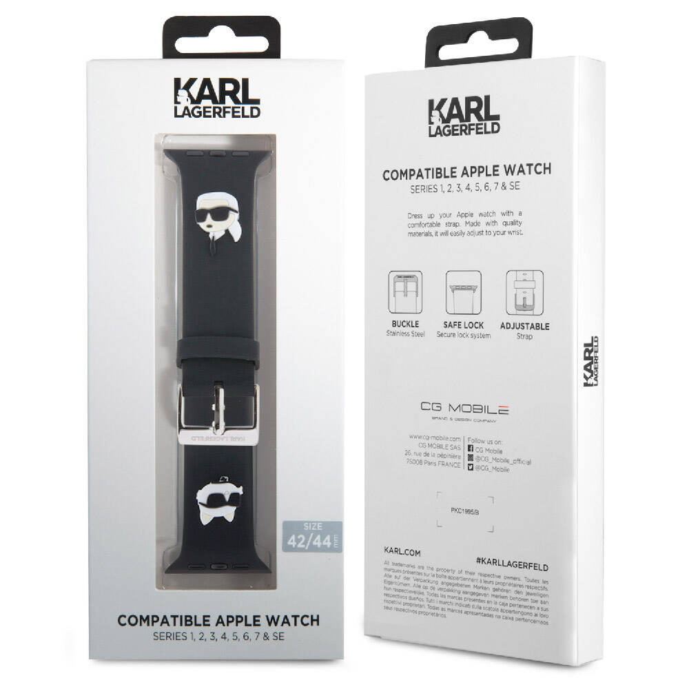 Apple Watch 44mm Karl Lagerfeld Orjinal Lisanslı İkonik Karl & Choupette Logolu Silikon Kordon Beyaz