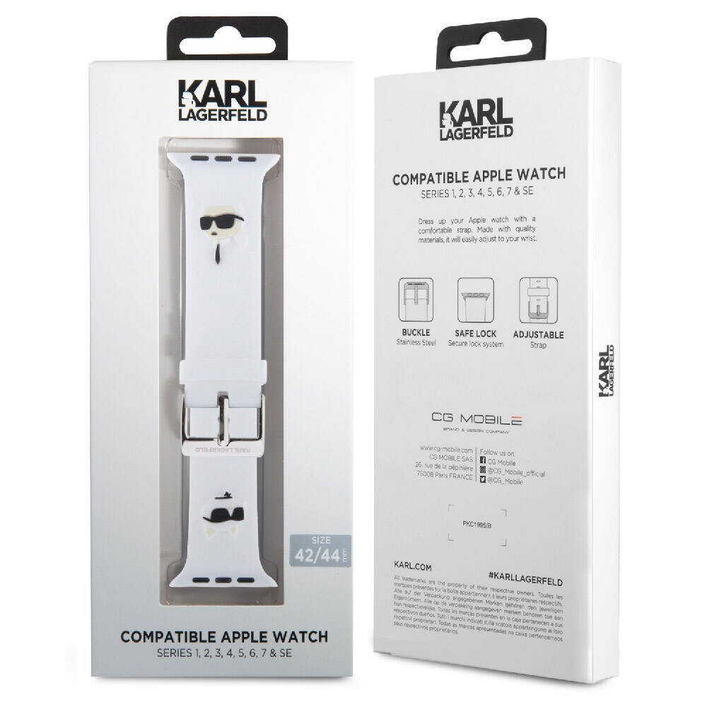 Apple Watch 44mm Karl Lagerfeld Orjinal Lisanslı İkonik Karl & Choupette Logolu Silikon Kordon Beyaz