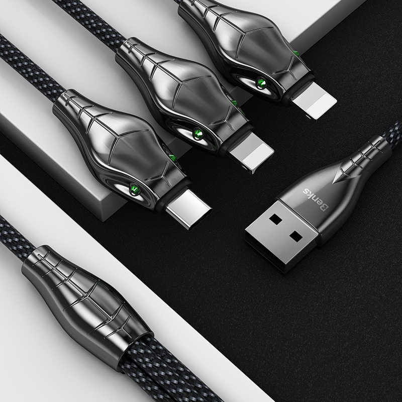 Benks D27 3 in 1 Snake Lightning+Lightning+Type-C Kablo 1.5M Gri