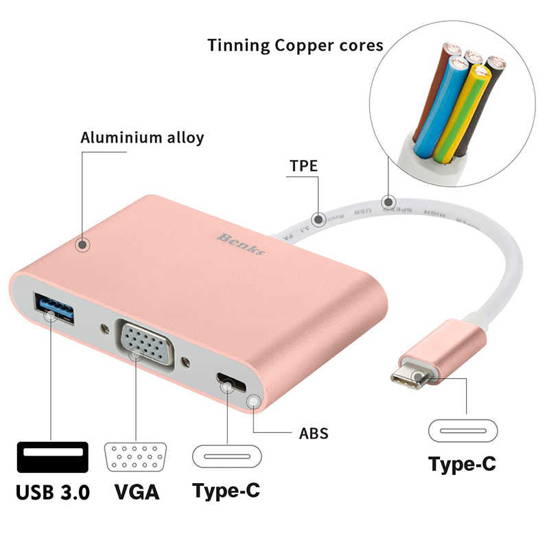 Benks U20 Type-C to 3 in 1 Adaptör (Usb 3.0+VGA+Type-C) Rose Gold