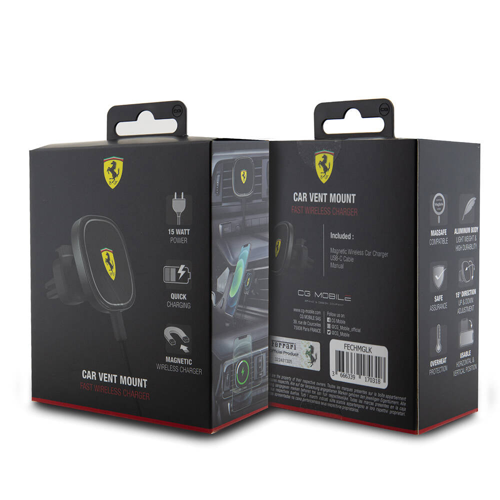 Ferrari Orjinal Lisanslı Havalandırma Tasarım Magnetik Oval Eşkenar Araç Telefon Tutucu Siyah
