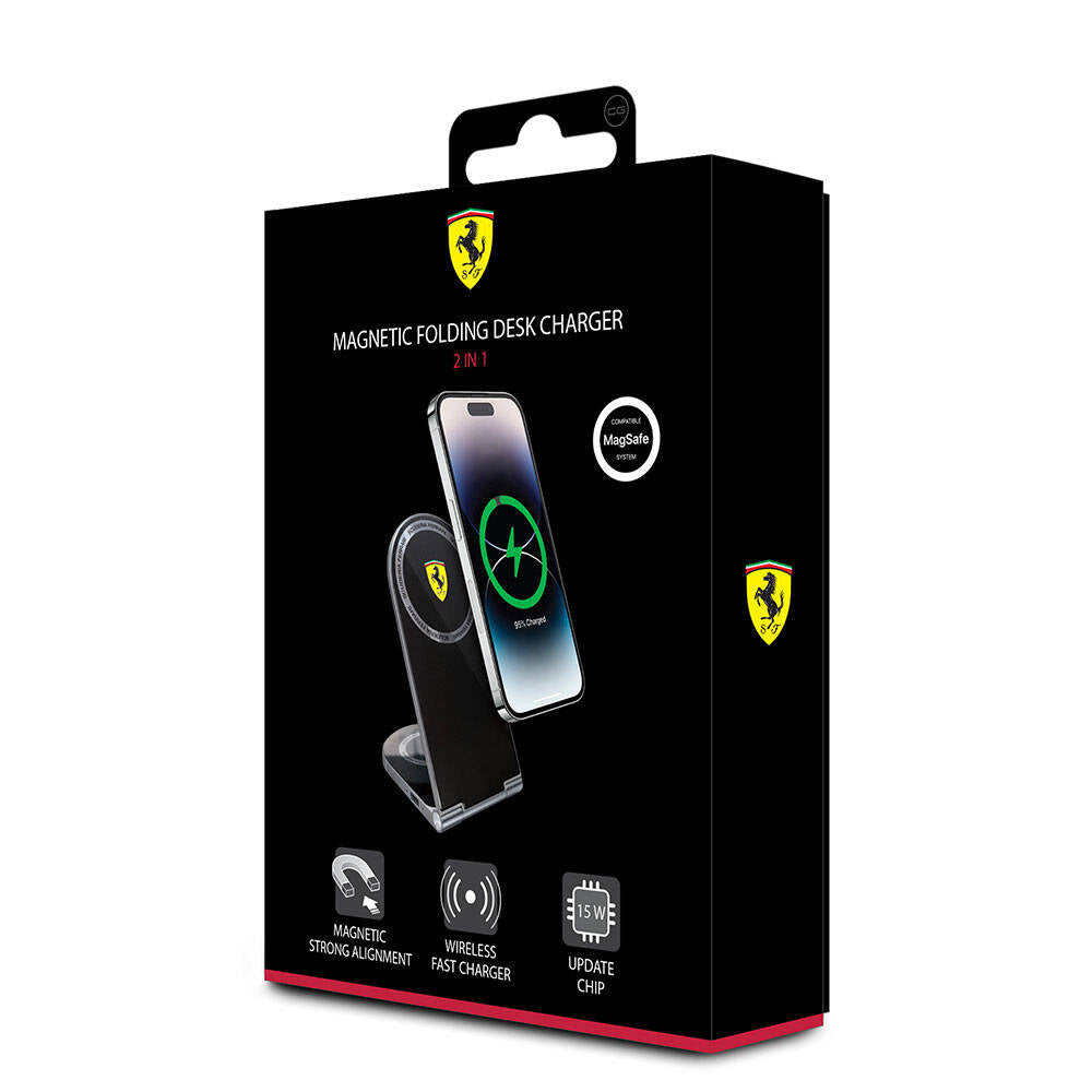 Ferrari Orjinal Lisanslı Katlanabilir Baskılı Shield Logolu Magnetik Kablosuz Şarj Standı Siyah
