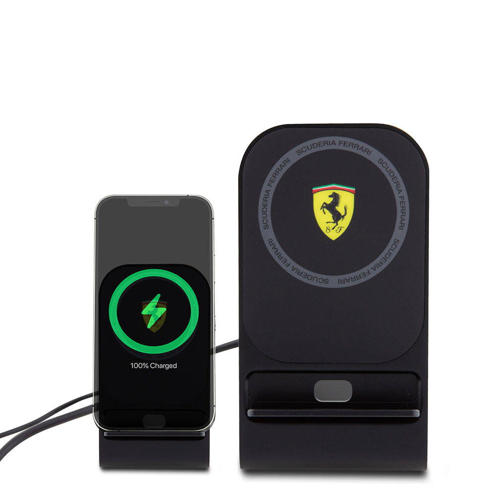 Ferrari Orjinal Lisanslı Katlanabilir Baskılı Shield Logolu Standlı Magnetik Kablosuz Şarj Standı Siyah