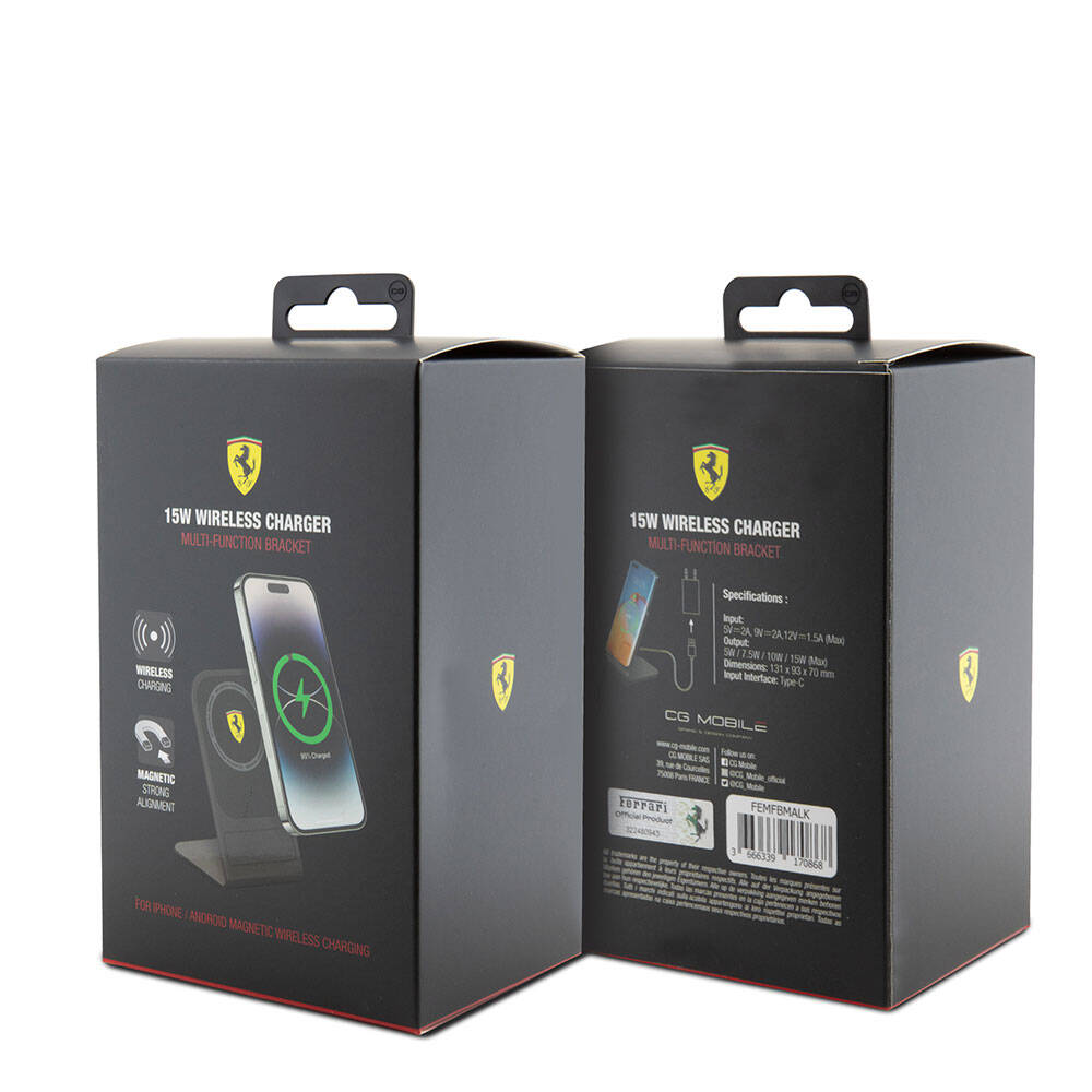 Ferrari Orjinal Lisanslı Katlanabilir Baskılı Shield Logolu Standlı Magnetik Kablosuz Şarj Standı Siyah