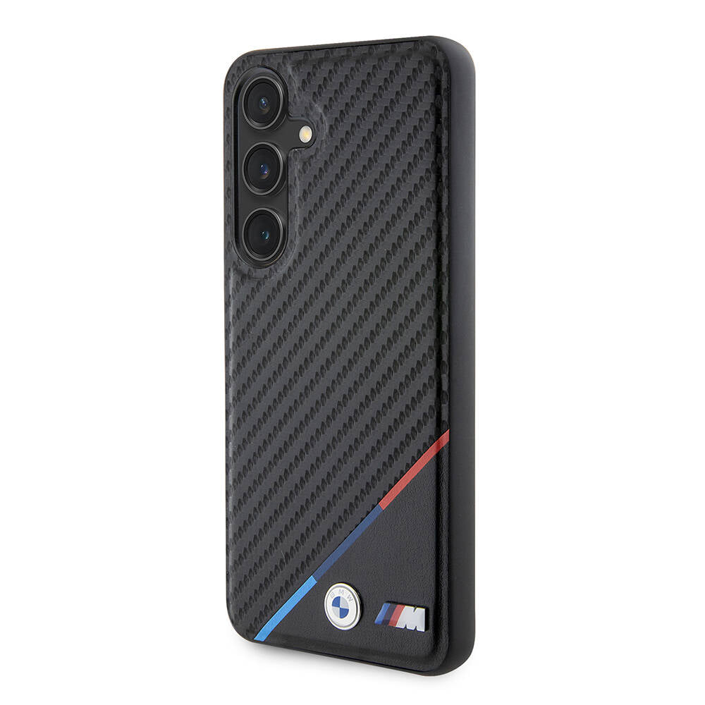 Galaxy S24 Kılıf BMW Orjinal Lisanslı M-safe Şarj Özellikli M Logolu Üç Çizgili PU Karbon Kapak Siyah