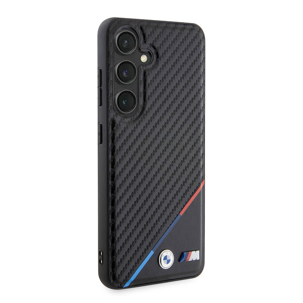 Galaxy S24 Kılıf BMW Orjinal Lisanslı M-safe Şarj Özellikli M Logolu Üç Çizgili PU Karbon Kapak Siyah