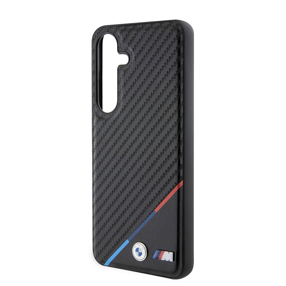 Galaxy S24 Kılıf BMW Orjinal Lisanslı M-safe Şarj Özellikli M Logolu Üç Çizgili PU Karbon Kapak Siyah