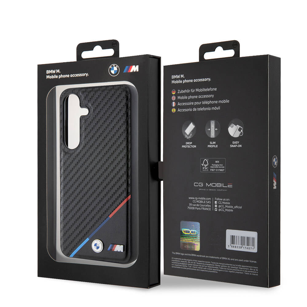 Galaxy S24 Kılıf BMW Orjinal Lisanslı M-safe Şarj Özellikli M Logolu Üç Çizgili PU Karbon Kapak Siyah