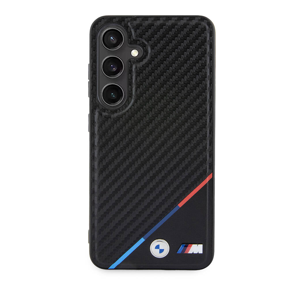 Galaxy S24 Kılıf BMW Orjinal Lisanslı M-safe Şarj Özellikli M Logolu Üç Çizgili PU Karbon Kapak Siyah