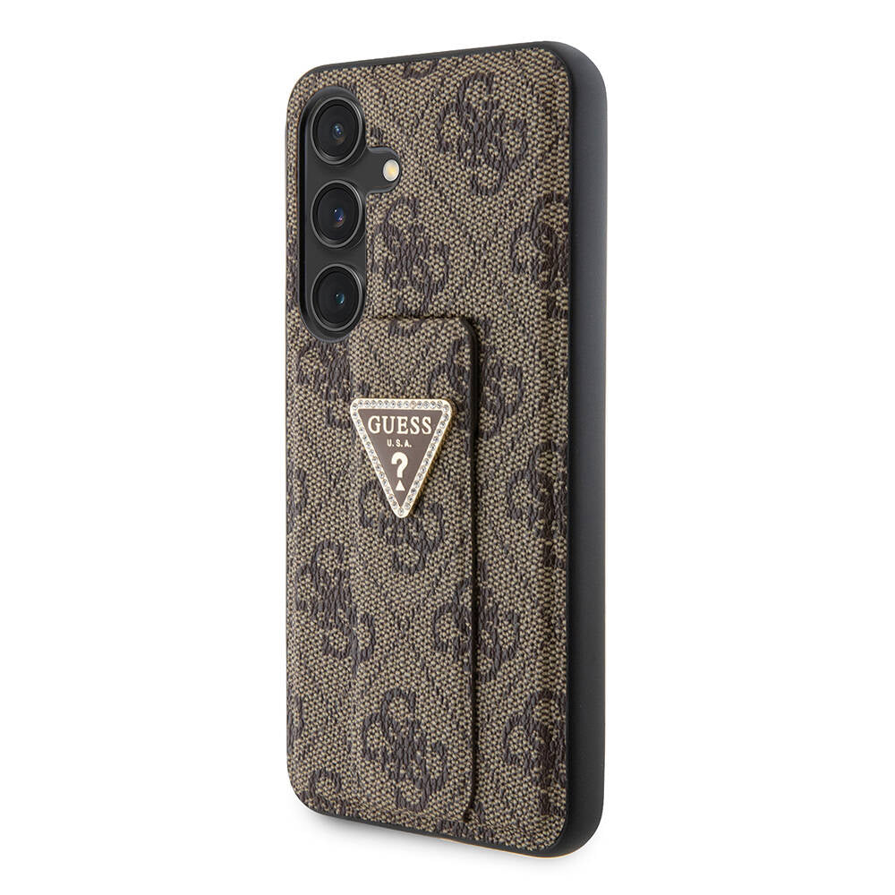 Galaxy S24 Kılıf Guess Orjinal Lisanslı 4G Desenli Üçgen Logolu Standlı Deri Kapak Kahverengi