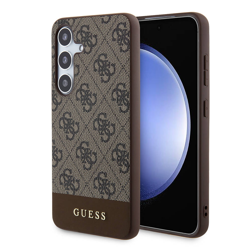 Galaxy S24 Kılıf Guess Orjinal Lisanslı PU Deri Şerit Logo Dizaynlı Kapak Kahverengi