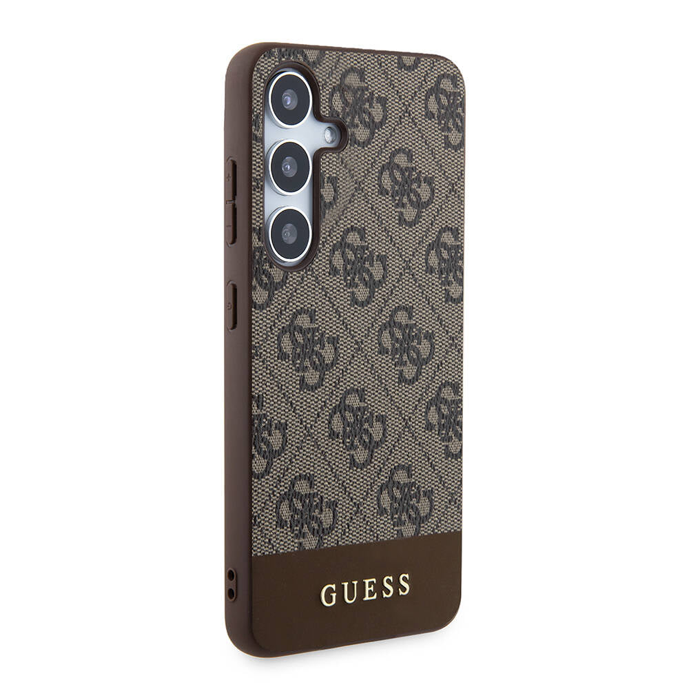 Galaxy S24 Kılıf Guess Orjinal Lisanslı PU Deri Şerit Logo Dizaynlı Kapak Kahverengi