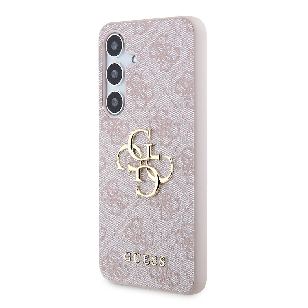 Galaxy S24 Kılıf Guess Orjinal Lisanslı PU Deri Yazı ve 4G Metal Logolu Desenli Kapak Pembe