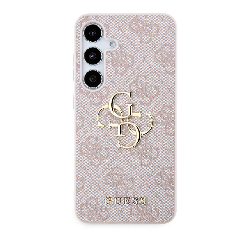 Galaxy S24 Kılıf Guess Orjinal Lisanslı PU Deri Yazı ve 4G Metal Logolu Desenli Kapak Pembe